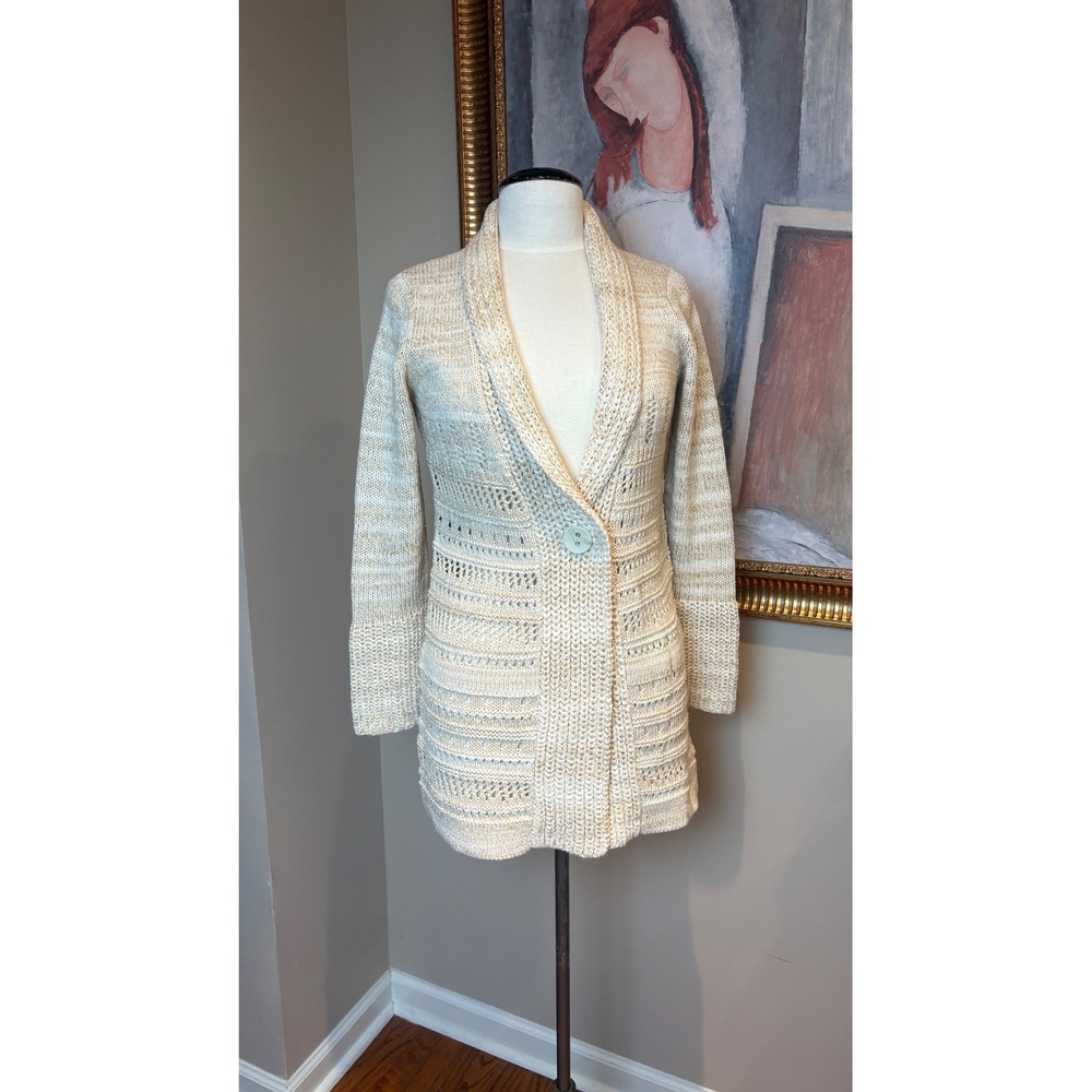 Coldwater Creek Shawl Collar Pointelle Knit Longline Cardigan Sweater Beige S